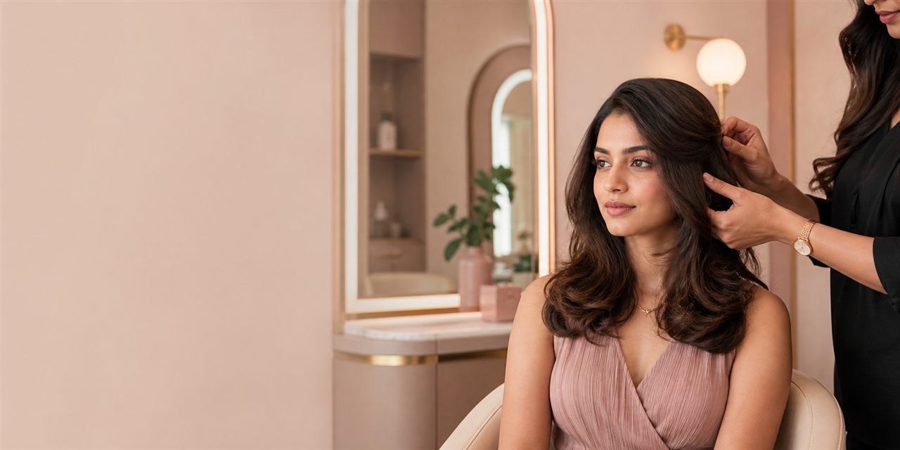 Elegant hair styling in a warm premium salon website concept